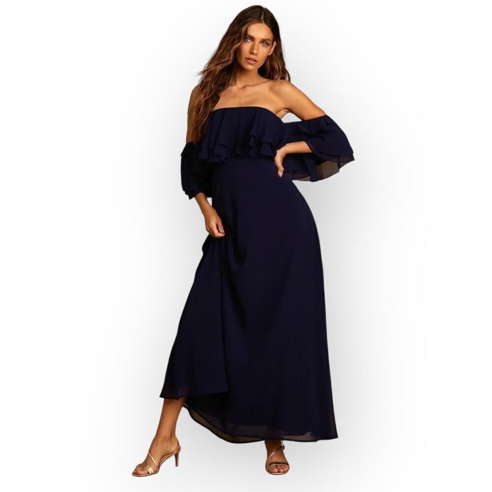 Lulus Just Love Off the Shoulder Maxi Dress Women's XL Navy Blue Ruffle Long